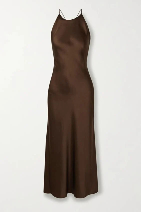 TingPo Wholesale Simple A Line Spaghetti Straps Long Silk Satin Brown Prom Dresses Evening Dress formal wear dresses 